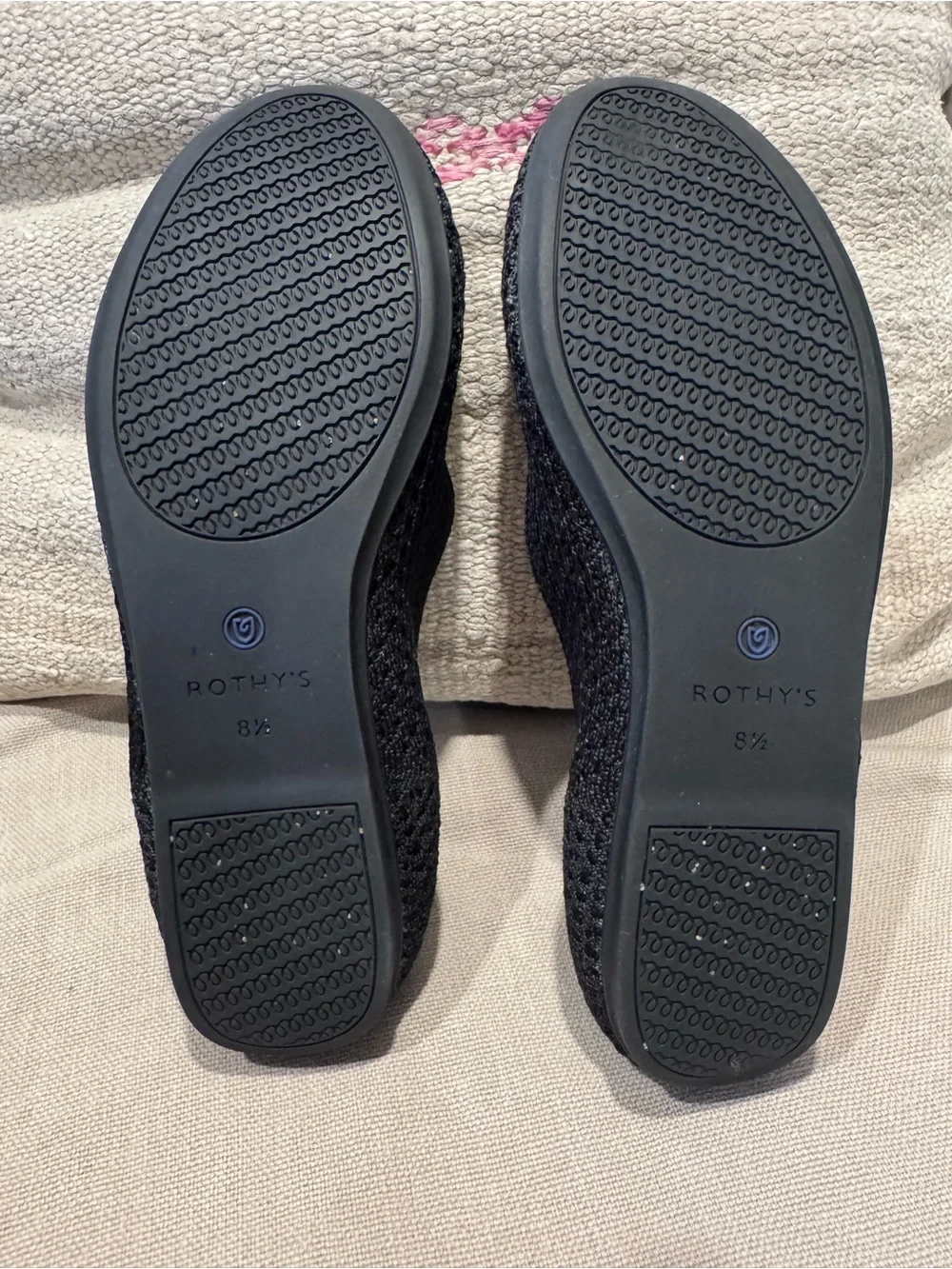 Rothy’s - The Point - Black Knit Flats with Blue Heel Trim- Shrunk / Fits Like 8